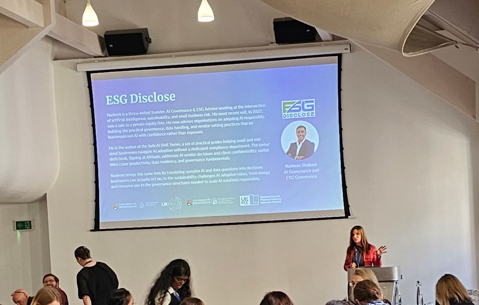 Nadeem Shakoor being introduced at the Sustainable Finance Forum, Birmingham
